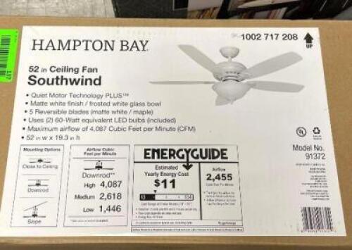 HAMPTON BAY Southwind 52 in. Indoor LED Matte White Ceiling Fan with 5 Reversible Blades, Light Kit, Downrod and Remote Control