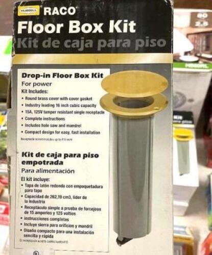 (3) Round, Nonmetallic Drop-in Floor Box Kit, Includes Flange, Cover, Single 15A TR Device and Hole Saw, Brass