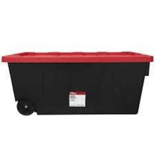 DESCRIPTION: (2) SNAP LID WHEELED STORAGE TOTE BRAND/MODEL: HYPERTOUGH #206308 INFORMATION: BLACK AND RED, PLASTIC, HEAVY DUTY SIZE: 50 GALLON RETAIL$