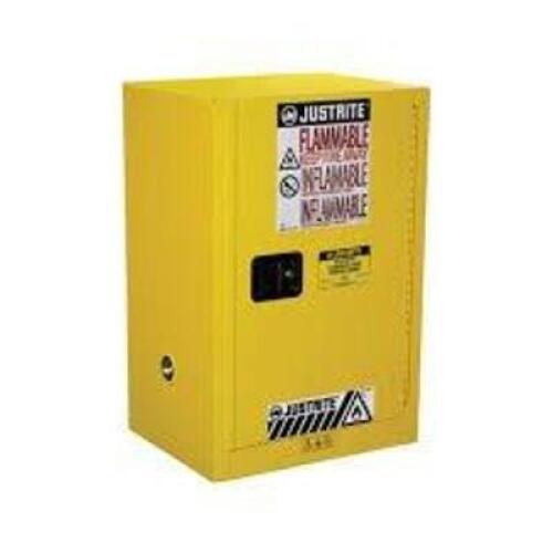 DESCRIPTION: (1) FLAMMABLE LIQUID STORAGE CABINETBRAND/MODEL: JUSTRITE #891200INFORMATION: YELLOW, 12 GAL CAPACITYSIZE:&nbsp;19"D x 26"W x 36"HRETAIL$: $840.00 EAQTY: 1