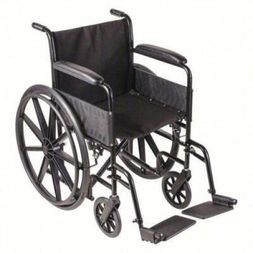 DESCRIPTION: (1) WHEELCHAIR BRAND/MODEL: DMI #38F801 INFORMATION: BLACK, VINYL, 18 IN BACK HT, CARBON STEEL,250 LB CAPACITY SIZE: 18" SEAT WD X 16" SE