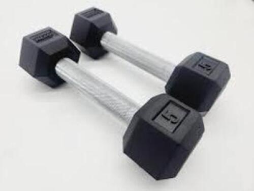 DESCRIPTION: (2) DUMBBELLS INFORMATION: BLACK, RUBBER SIZE: 5 LB RETAIL$: $90.99 EA QTY: 2