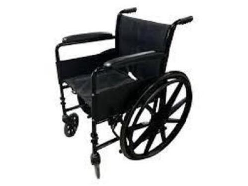 DESCRIPTION: (1) STANDARD WHEELCHAIR WITH FIXED ARMS BRAND/MODEL: DMI #503-0658-0200 INFORMATION: BLACK RETAIL$: $224.00 EA QTY: 1