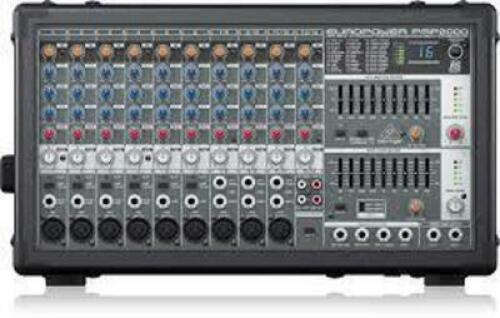 DESCRIPTION: (1) 14 CHANNEL ACTIVE AUDIO MIXER BRAND/MODEL: BEHRINGER PMP2000 SIZE: 2X350 WATT STERO RETAIL$: $389.00 QTY: 1