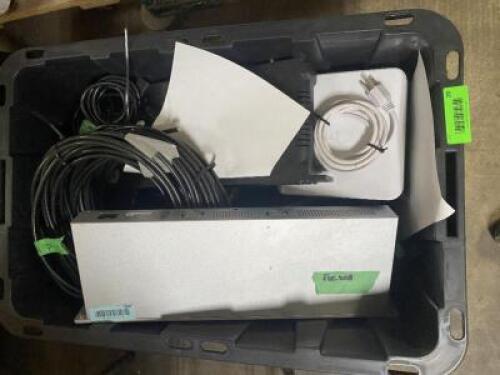 BLACK PLASTIC TOTE W/ CONTENTS . ASSORTED ELECTRONICS