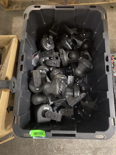 BLACK PLASTIC TOTE W/ CONTENTS - ASSORTED ELECTRONICS AND CAMERAS.