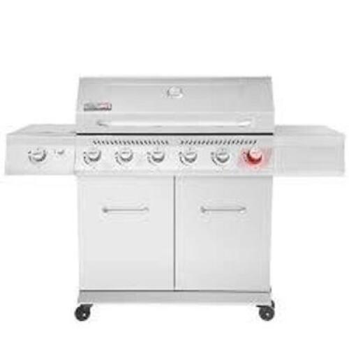 DESCRIPTION: (1) PROPANE GAS GRILL WITH SEAR AND SIDE BURNER BRAND/MODEL: ROYAL GOURMET #SG6002R INFORMATION: SILVER SIZE: 6 BURNERS RETAIL$: $430.58