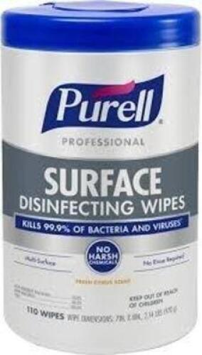 DESCRIPTION: (6) SURFACE DISINFECTING WIPES BRAND/MODEL: PURELL PROFESSIONAL SIZE: 110 WIPES PER CONTAINER RETAIL$: $13.99 EA QTY: 6