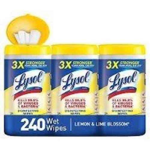DESCRIPTION: (6) DISINFECTING WIPES BRAND/MODEL: LYSOL INFORMATION: LEMON, 240 WIPES RETAIL$: $10.00 EA QTY: 6