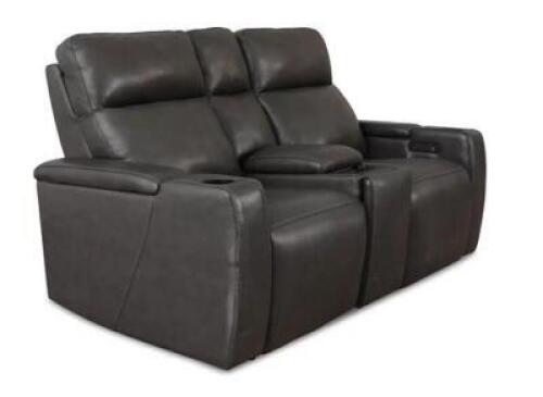 BROWN LEATHER POWER RECLINING LOVESEAT W/ CHARGING PORTS