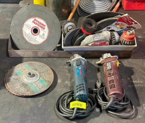 (2) ANGLE GRINDERS AND ASSORTED ATTACHMENTS