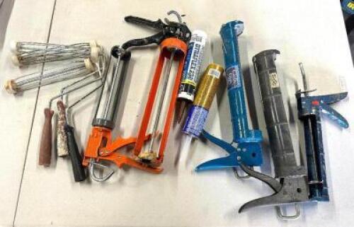 ASSORTED PAINT ROLLERS, CAULK CUGNS AND CAULK