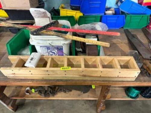 WOODEN STORAGE BIN AND ASSORTED TOOLS AND HARDWARE