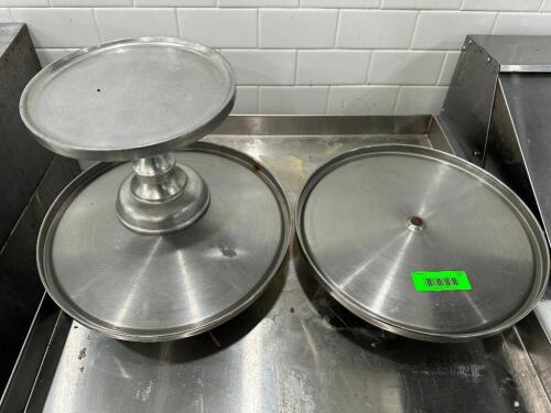 (3) ASSORTED STAINLESS CAKE STANDS.