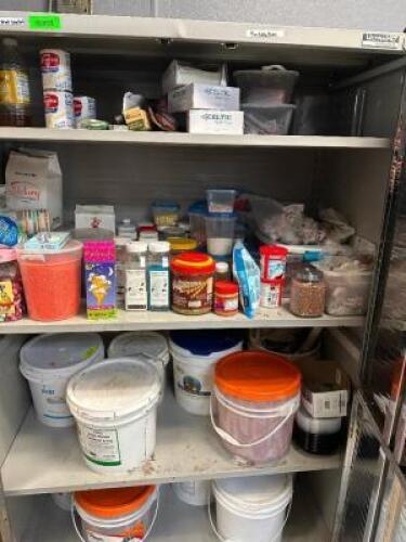 CONTENTS OF (3) STORAGE CABINETS - ASSORTED BAKING FOOD GOODS.