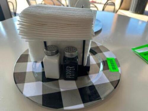(10) PLASTIC CHARGERS W/ SALT AND PEPPER SHAKERS AND NAPKIN HOLDERS.