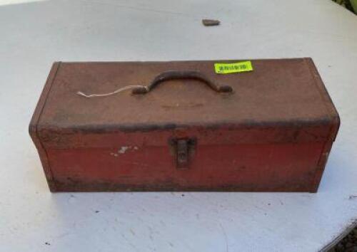 OLD RED METAL TOOL BOX - 18" X 7" X 7"