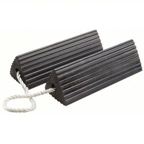 DESCRIPTION: (1) PAIR OF WHEEL CHOCKS BRAND/MODEL: 437T59 INFORMATION: BLACK SIZE: Rubber, 14 1/2 in Overall Lg, 11 in Overall Wd, 5 1/4 in Overall Ht