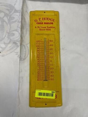 VINTAGE O.T. HODGES YELLOW THERMOMETER