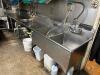165" RIGHT SIDE STAINLESS SOIL TABLE W/ TWO WELL POT SINK, DISPOSAL AND SPRAYER, AND (2) WALL SHELVES.