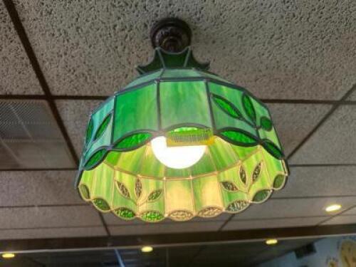 1960'S ERA VINTAGE GREEN STAINED GLASS PENDANT LIGHT.