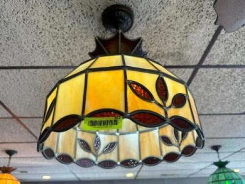 1960'S ERA VINTAGE TAN STAINED GLASS PENDANT LIGHT.