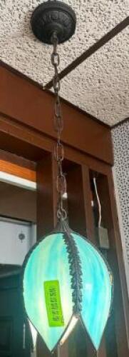 ART NOUVEAU TIFFANY STYLE STAINED SLAG GLASS, PANEL TULIP LOTUS LAMP GLOBE SHADE PENDANT LIGHT.