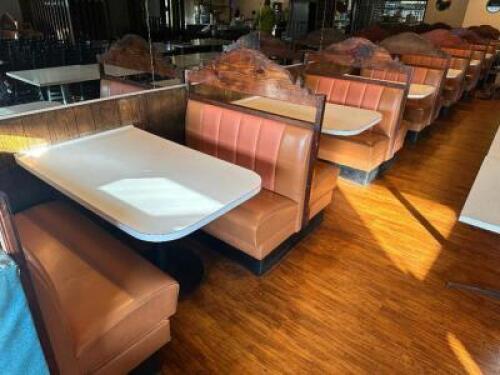 (8) GROUP " L " 48" SHAPED BOOTH SEATING LINE WITH LARGER CORNER BOOTH SEAT. COMES WITH TABLES.