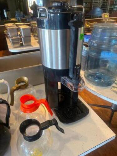 INSULATED COFFEE STANDS W/ ASSORTED CUPS AND PITCHERS.
