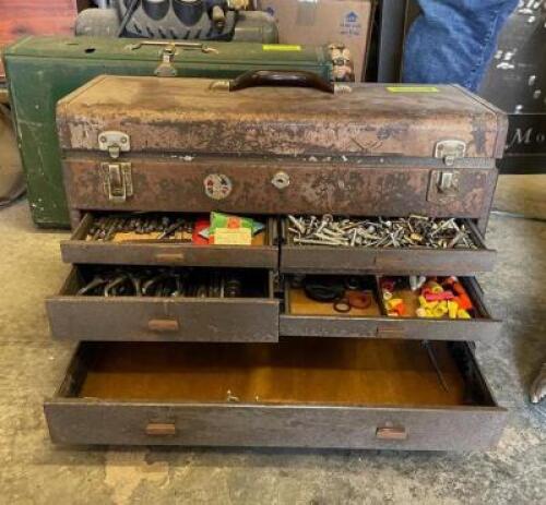 VINTAGE 5 DRAWER TOOL BOX WITH SPECIALIZED TOOLS - 22" X 14" X 9"
