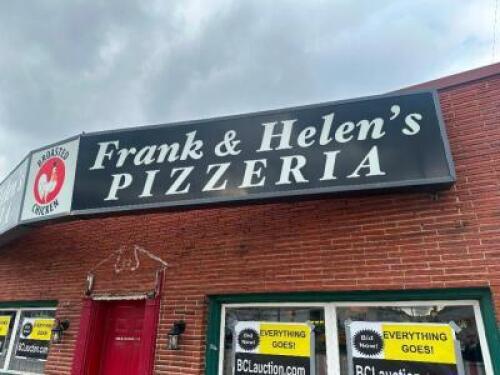 (2) FRANK AND HELEN'S PIZZERIA BLACK PLASTIC SIGN BOARD.