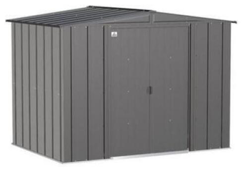 DESCRIPTION: (1) STEEL SHED BRAND/MODEL: ARROW CLASSIC/CLG86CC INFORMATION: CHARCOAL/GALVANIZED STEEL RETAIL$: 489.99 SIZE: 8'W X 6'L QTY: 1