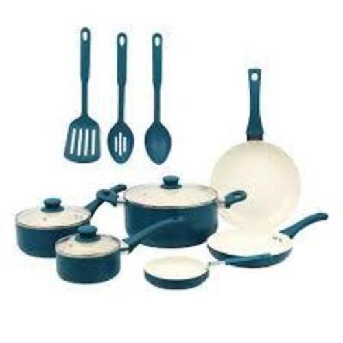 DESCRIPTION: (1) SET OF CERAMIC NONSTICK COOKWARE SET BRAND/MODEL: MAINSTAYS INFORMATION: BLUE SIZE: 12 PIECES RETAIL$: $79.99 EA QTY: 1
