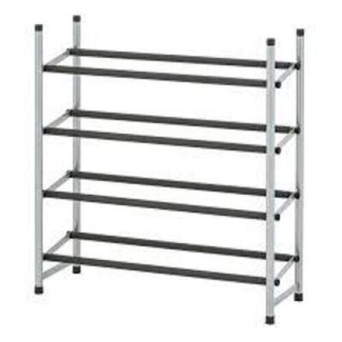 DESCRIPTION: (1) EXPANDABLE SHOE RACKBRAND/MODEL: MAINSTAYSINFORMATION: 4 TIERSIZE:&nbsp;24.41-45.47" W x 9.06" D x 26.77" HRETAIL$: $17.78 EAQTY: 1