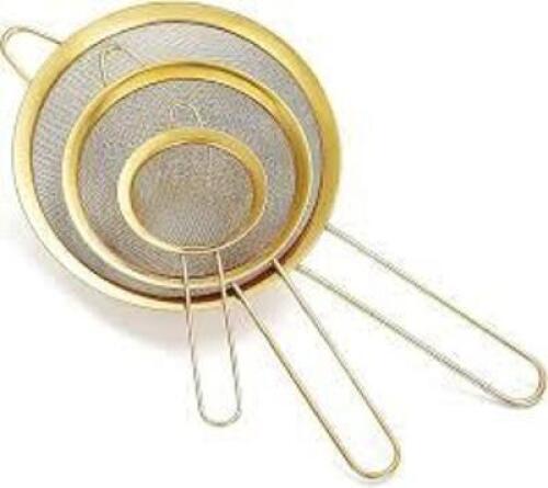 DESCRIPTION: (1) SET OF (3) FINE MESH STRAINERS INFORMATION: STAINLESS STEEL, GOLD RETAIL$: $16.99 EA QTY: 1