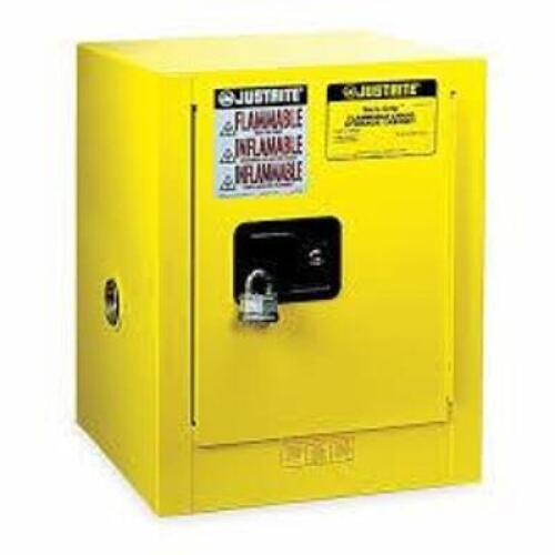 DESCRIPTION: (1) FLAMMABLE STORAGE CABINETBRAND/MODEL: JUSTRITE #29004INFORMATION: YELLOWSIZE: 12 GALLON, APPROX 17" X 8" X 22 1/2"RETAIL$: $803.00 EAQTY: 1