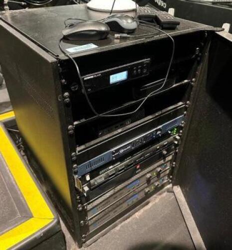 DESCRIPTION ELECTRONICS CABINETS W/ CONTENTS. ADDITIONAL INFORMATION SHURE BLX4R, SOUNDWEB BLU-50, JUICE GOOSE IP SERIES WEB BASED POWER CONTROLLER, W