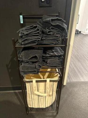 DESCRIPTION BLACK WIRE TOWEL RACK W/ LAUNDRY HOPPER. ADDITIONAL INFORMATION W/ TOWELS LOCATION GYM QTY 1