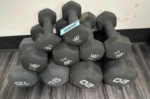 DESCRIPTION (1) SET OF 20 LBS. DUMBBELLS, (1) SET OF 15 LB. DUMBBELLS, (1) SET OF 10 LB. DUMBBELLS, (1) SET OF 8 LB. DUMBBELLS, AND (1) SET OF 5 LB. D