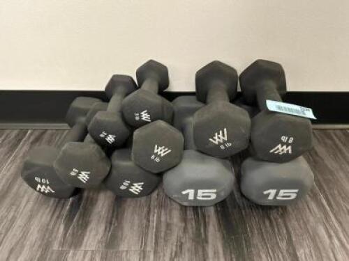 DESCRIPTION (1) SET OF 3 LBS. DUMBBELLS, (1) SET OF 15 LB. DUMBBELLS, (1) SET OF 10 LB. DUMBBELLS, (1) SET OF 8 LB. DUMBBELLS, AND (1) SET OF 5 LB. DU