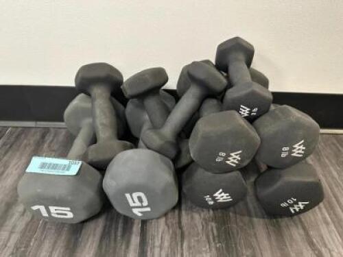DESCRIPTION (1) SET OF 3 LBS. DUMBBELLS, (1) SET OF 15 LB. DUMBBELLS, (1) SET OF 10 LB. DUMBBELLS, (1) SET OF 8 LB. DUMBBELLS, AND (1) SET OF 5 LB. DU