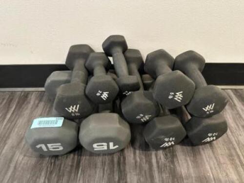 DESCRIPTION (1) SET OF 3 LBS. DUMBBELLS, (1) SET OF 15 LB. DUMBBELLS, (1) SET OF 10 LB. DUMBBELLS, (1) SET OF 8 LB. DUMBBELLS, AND (1) SET OF 5 LB. DU