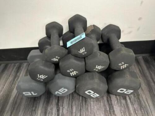 DESCRIPTION (1) SET OF 20 LBS. DUMBBELLS, (1) SET OF 15 LB. DUMBBELLS, (1) SET OF 10 LB. DUMBBELLS, (1) SET OF 8 LB. DUMBBELLS, AND (1) SET OF 5 LB. D
