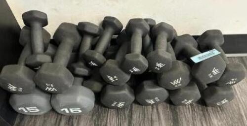 DESCRIPTION (2) SETS OF 3 LBS. DUMBBELLS, (1) SET OF 15 LB. DUMBBELLS, (1) SET OF 10 LB. DUMBBELLS, (1) SET OF 8 LB. DUMBBELLS, AND (1) SET OF 5 LB. D