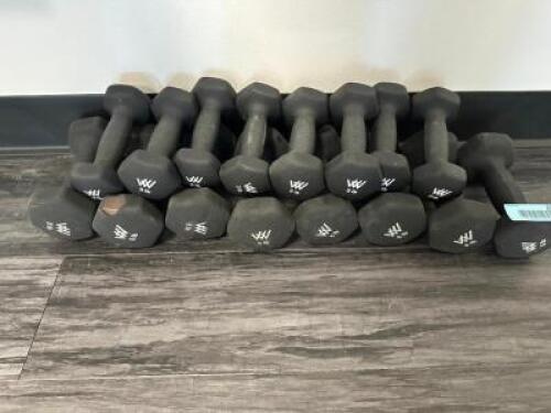 DESCRIPTION (2) SETS OF 3 LBS. DUMBBELLS, (2) SET OF 10 LB. DUMBBELLS, (1) SET OF 8 LB. DUMBBELLS, AND (2) SET OF 5 LB. DUMBBELLS. THIS LOT IS: SOLD B