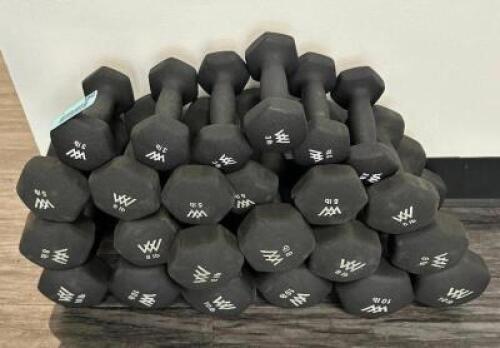 DESCRIPTION (2) SETS OF 3 LBS. DUMBBELLS, (2) SET OF 10 LB. DUMBBELLS, (1) SET OF 8 LB. DUMBBELLS, AND (2) SET OF 5 LB. DUMBBELLS. THIS LOT IS: SOLD B