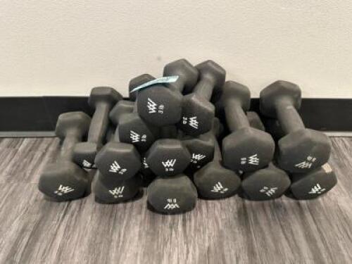 DESCRIPTION (2) SETS OF 3 LBS. DUMBBELLS, (1) SET OF 15 LB. DUMBBELLS, (1) SET OF 10 LB. DUMBBELLS, (1) SET OF 8 LB. DUMBBELLS, AND (1) SET OF 5 LB. D