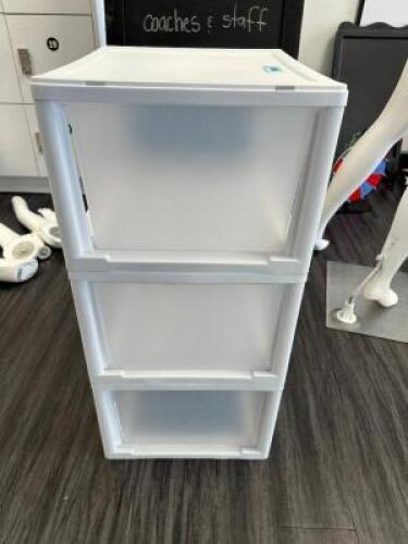 DESCRIPTION THREE DRAWER WHITE PLASTIC ORGANIZER. LOCATION FRONT QTY 1