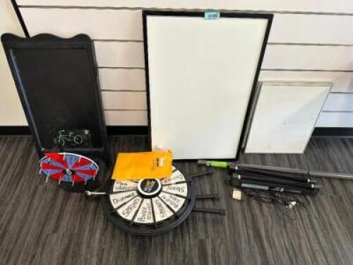 DESCRIPTION CHALK BOARD SIGN, (2) DRY ERASE BOARDS, (2) WHEEL SPINNERS, (2) BLACK LIGHTS THIS LOT IS: ONE MONEY LOCATION FRONT QTY 1