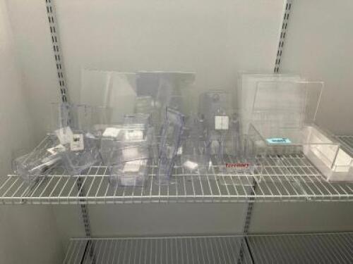 DESCRIPTION (1) LOT OF ASSORTED PLASTIC ORGANIZERS AND DISPLAYS LOCATION FRONT QTY 1